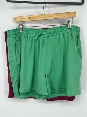 Real Essentials 2 Pair 1-Green & 1-Purple Athletic Drawstring Shorts Side Pocket